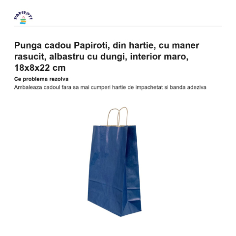 Punga cadou Papiroti, din hartie, cu maner rasucit, albastru cu dungi, interior maro, 18x8x22 cm [1]