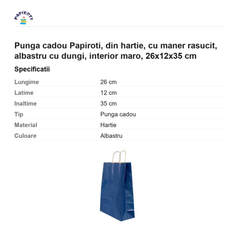 Punga cadou Papiroti, din hartie, cu maner rasucit, albastru cu dungi, interior maro, 26x12x35 cm [2]
