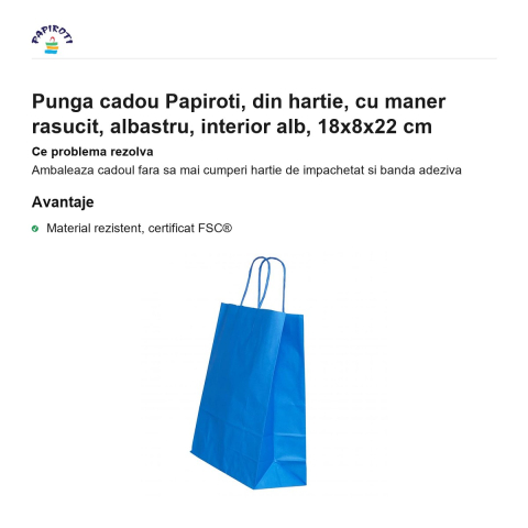Punga cadou Papiroti, din hartie, cu maner rasucit, albastru, interior alb, 18x8x22 cm [1]