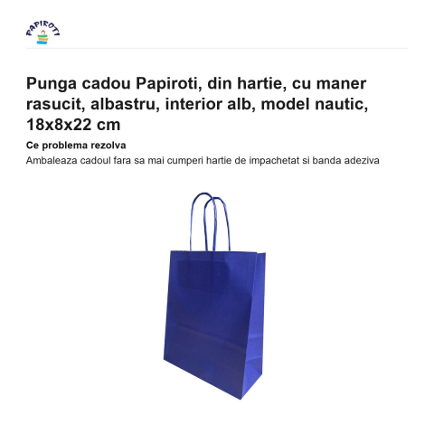 Punga cadou Papiroti, din hartie, cu maner rasucit, albastru, interior alb, model nautic, 18x8x22 cm [1]