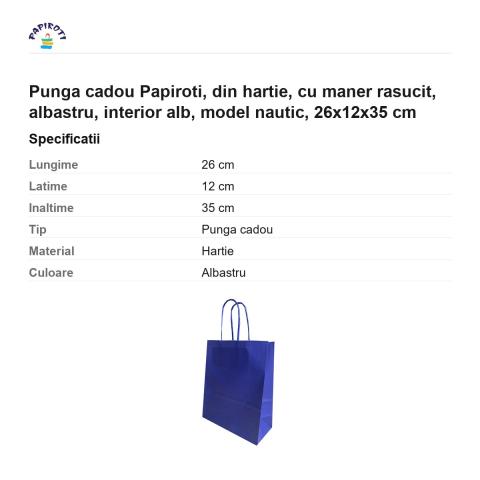 Punga cadou Papiroti, din hartie, cu maner rasucit, albastru, interior alb, model nautic, 26x12x35 cm [2]