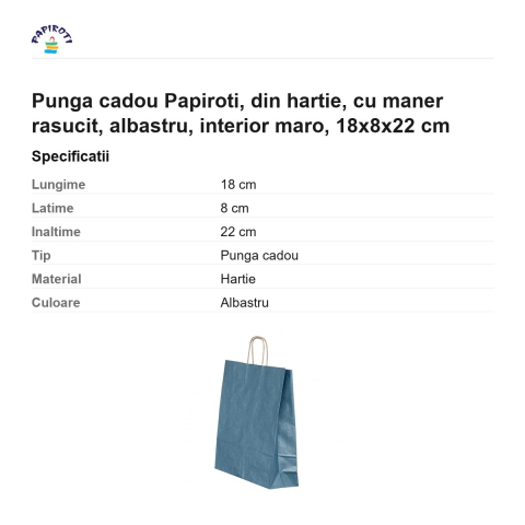 Punga cadou Papiroti, din hartie, cu maner rasucit, albastru, interior maro, 18x8x22 cm [2]