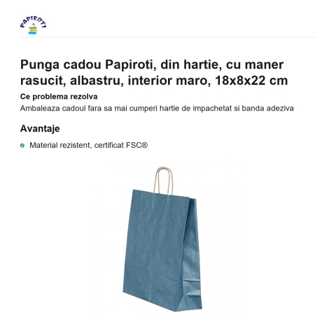 Punga cadou Papiroti, din hartie, cu maner rasucit, albastru, interior maro, 18x8x22 cm [1]