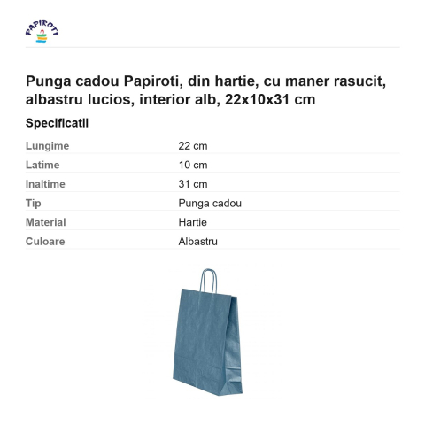 Punga cadou Papiroti, din hartie, cu maner rasucit, albastru lucios, interior alb, 22x10x31 cm [2]
