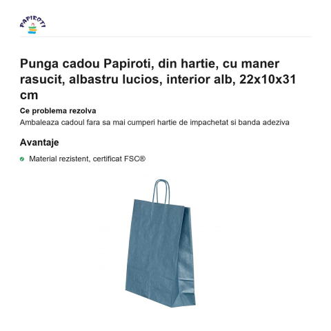 Punga cadou Papiroti, din hartie, cu maner rasucit, albastru lucios, interior alb, 22x10x31 cm [1]