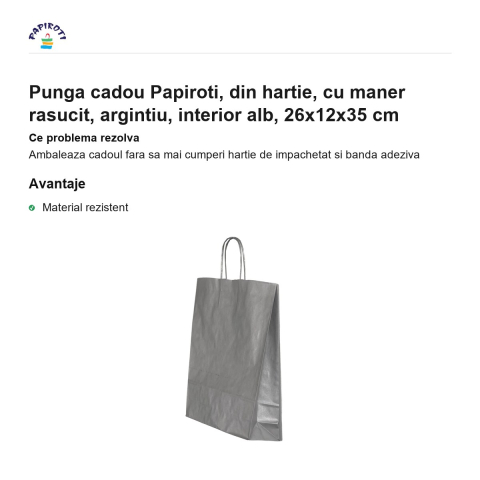 Punga cadou Papiroti, din hartie, cu maner rasucit, argintiu, interior alb, 26x12x35 cm [1]