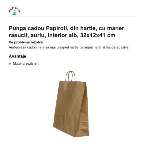 Punga cadou Papiroti, din hartie, cu maner rasucit, auriu, interior alb, 32x12x41 cm [1]