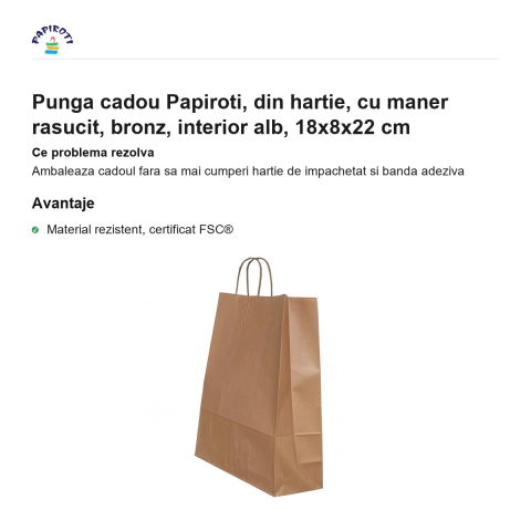 Punga cadou Papiroti, din hartie, cu maner rasucit, bronz, interior alb, 18x8x22 cm [1]