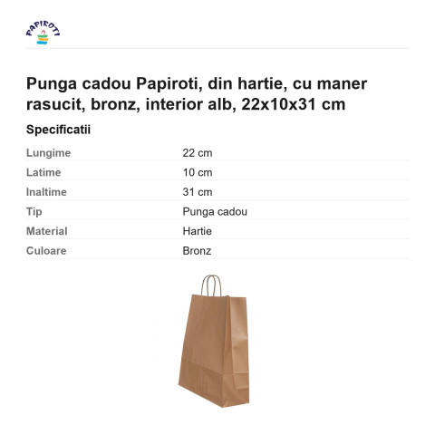 Punga cadou Papiroti, din hartie, cu maner rasucit, bronz, interior alb, 22x10x31 cm [2]