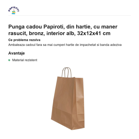 Punga cadou Papiroti, din hartie, cu maner rasucit, bronz, interior alb, 32x12x41 cm [1]