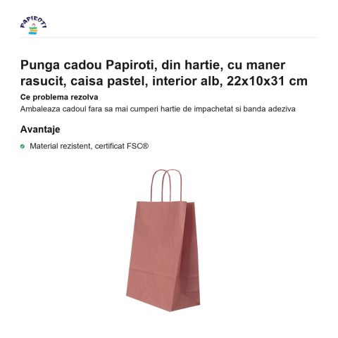 Punga cadou Papiroti, din hartie, cu maner rasucit, caisa pastel, interior alb, 22x10x31 cm [1]