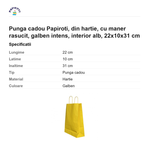 Punga cadou Papiroti, din hartie, cu maner rasucit, galben intens, interior alb, 22x10x31 cm [2]