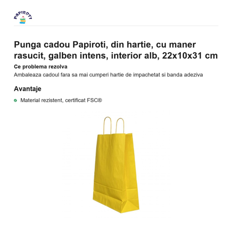 Punga cadou Papiroti, din hartie, cu maner rasucit, galben intens, interior alb, 22x10x31 cm [1]