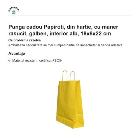 Punga cadou Papiroti, din hartie, cu maner rasucit, galben, interior alb, 18x8x22 cm [1]