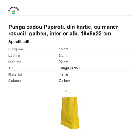 Punga cadou Papiroti, din hartie, cu maner rasucit, galben, interior alb, 18x8x22 cm [2]
