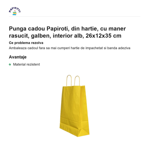 Punga cadou Papiroti, din hartie, cu maner rasucit, galben, interior alb, 26x12x35 cm [1]