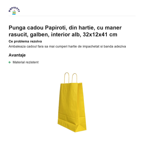Punga cadou Papiroti, din hartie, cu maner rasucit, galben, interior alb, 32x12x41 cm [1]