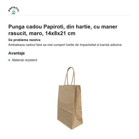 Punga cadou Papiroti, din hartie, cu maner rasucit, maro, 14x8x21 cm [1]
