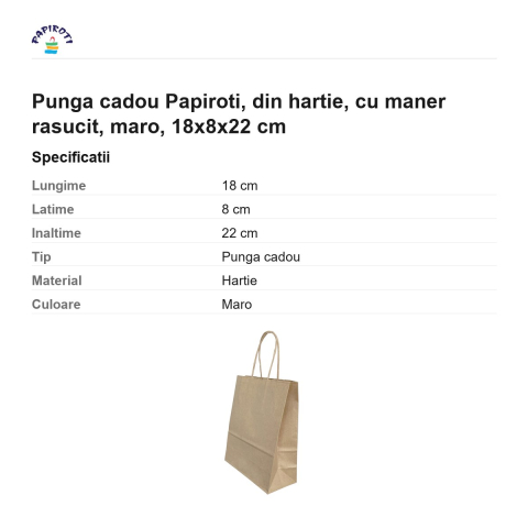 Punga cadou Papiroti, din hartie, cu maner rasucit, maro, 18x8x22 cm [2]
