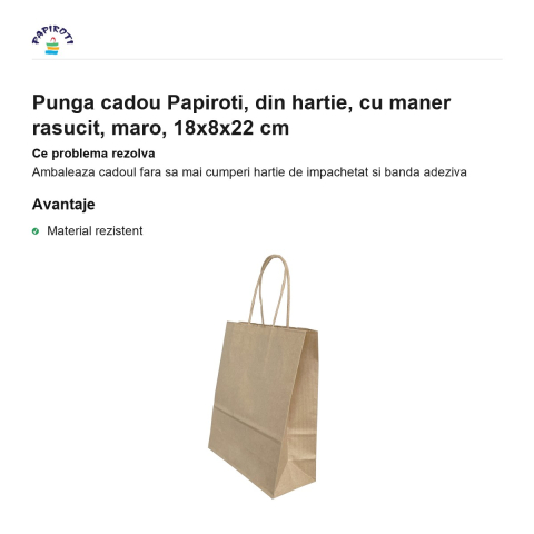 Punga cadou Papiroti, din hartie, cu maner rasucit, maro, 18x8x22 cm [1]