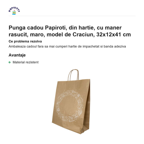Punga cadou Papiroti, din hartie, cu maner rasucit, maro, model de Craciun, 32x12x41 cm [1]