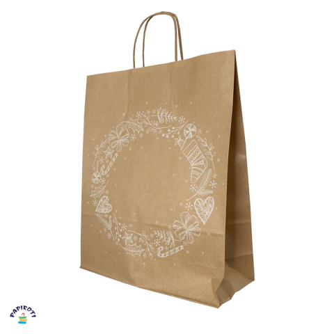 Birotica papetarie - Punga cadou Papiroti, din hartie, cu maner rasucit, maro, model de Craciun, 32x12x41 cm
