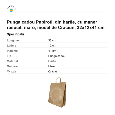 Punga cadou Papiroti, din hartie, cu maner rasucit, maro, model de Craciun, 32x12x41 cm [2]