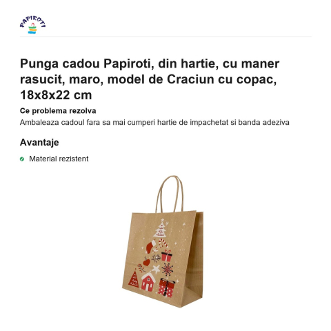Punga cadou Papiroti, din hartie, cu maner rasucit, maro, model de Craciun cu copac, 18x8x22 cm [1]