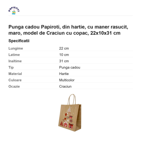 Punga cadou Papiroti, din hartie, cu maner rasucit, maro, model de Craciun cu copac, 22x10x31 cm [2]