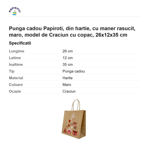 Punga cadou Papiroti, din hartie, cu maner rasucit, maro, model de Craciun cu copac, 26x12x35 cm [2]