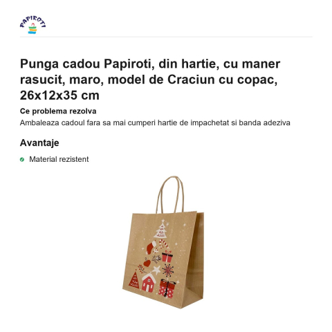 Punga cadou Papiroti, din hartie, cu maner rasucit, maro, model de Craciun cu copac, 26x12x35 cm [1]
