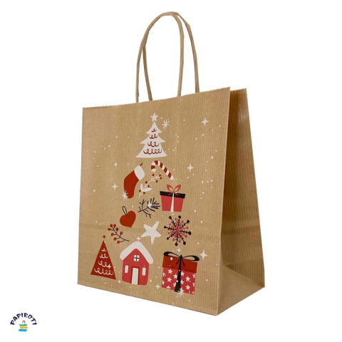 Ambalaje cadouri - Punga cadou Papiroti, din hartie, cu maner rasucit, maro, model de Craciun cu copac, 26x12x35 cm