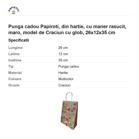 Punga cadou Papiroti, din hartie, cu maner rasucit, maro, model de Craciun cu glob, 26x12x35 cm [2]