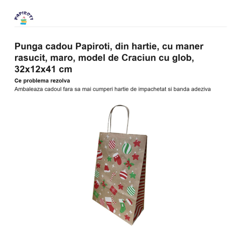 Punga cadou Papiroti, din hartie, cu maner rasucit, maro, model de Craciun cu glob, 32x12x41 cm [1]