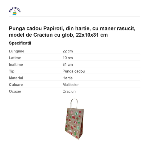 Punga cadou Papiroti, din hartie, cu maner rasucit, model de Craciun cu glob, 22x10x31 cm [2]