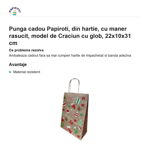 Punga cadou Papiroti, din hartie, cu maner rasucit, model de Craciun cu glob, 22x10x31 cm [1]