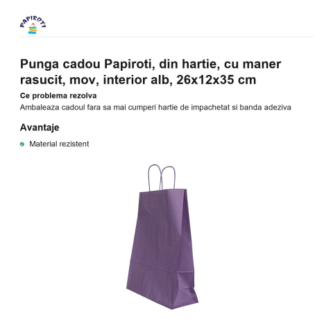 Punga cadou Papiroti, din hartie, cu maner rasucit, mov, interior alb, 26x12x35 cm [1]