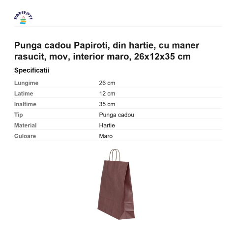 Punga cadou Papiroti, din hartie, cu maner rasucit, mov, interior maro, 26x12x35 cm [2]