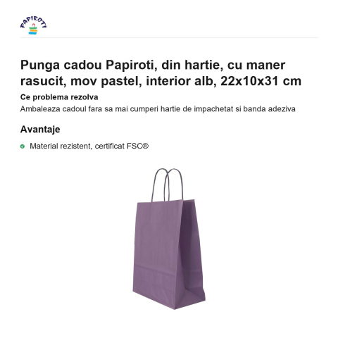 Punga cadou Papiroti, din hartie, cu maner rasucit, mov pastel, interior alb, 22x10x31 cm [1]