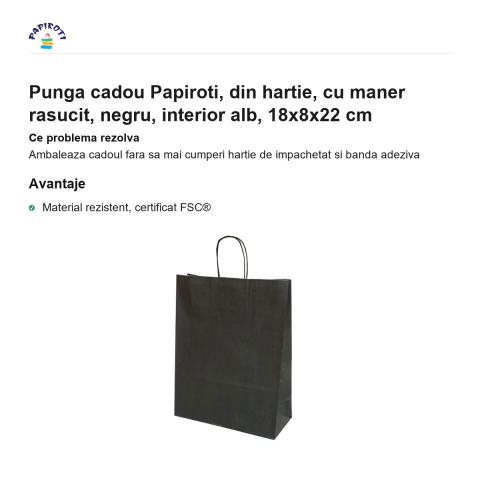 Punga cadou Papiroti, din hartie, cu maner rasucit, negru, interior alb, 18x8x22 cm [1]
