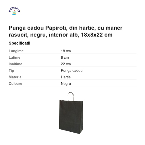 Punga cadou Papiroti, din hartie, cu maner rasucit, negru, interior alb, 18x8x22 cm [2]