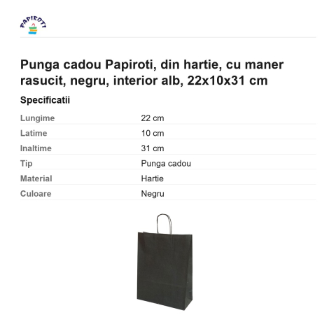 Punga cadou Papiroti, din hartie, cu maner rasucit, negru, interior alb, 22x10x31 cm [2]