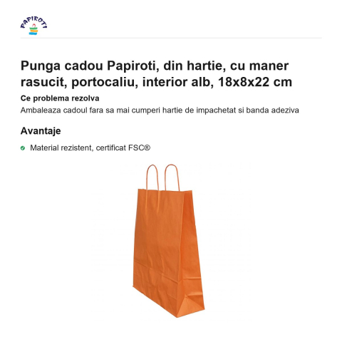 Punga cadou Papiroti, din hartie, cu maner rasucit, portocaliu, interior alb, 18x8x22 cm [1]