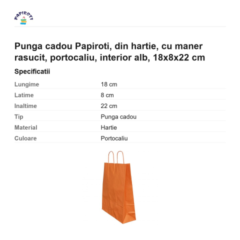 Punga cadou Papiroti, din hartie, cu maner rasucit, portocaliu, interior alb, 18x8x22 cm [2]
