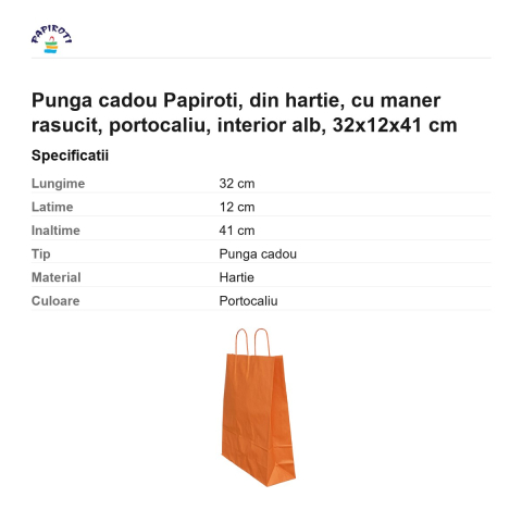 Punga cadou Papiroti, din hartie, cu maner rasucit, portocaliu, interior alb, 32x12x41 cm [2]