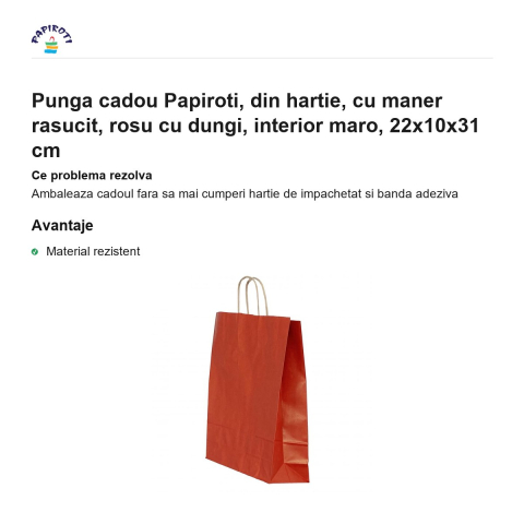 Punga cadou Papiroti, din hartie, cu maner rasucit, rosu cu dungi, interior maro, 22x10x31 cm [1]