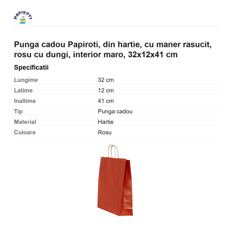 Punga cadou Papiroti, din hartie, cu maner rasucit, rosu cu dungi, interior maro, 32x12x41 cm [2]