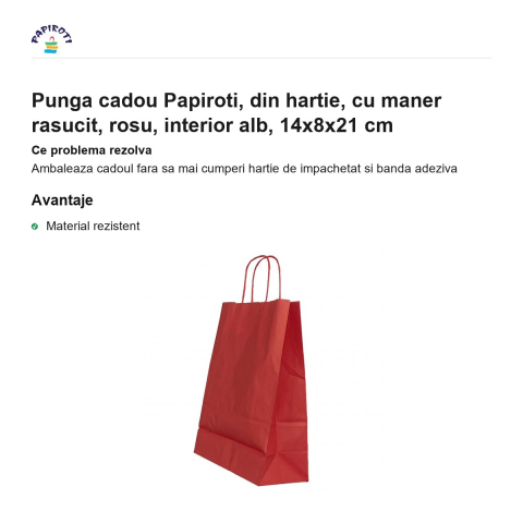 Punga cadou Papiroti, din hartie, cu maner rasucit, rosu, interior alb, 14x8x21 cm [1]