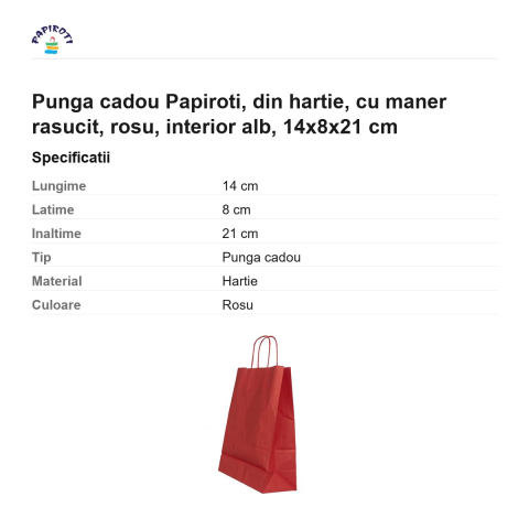 Punga cadou Papiroti, din hartie, cu maner rasucit, rosu, interior alb, 14x8x21 cm [2]