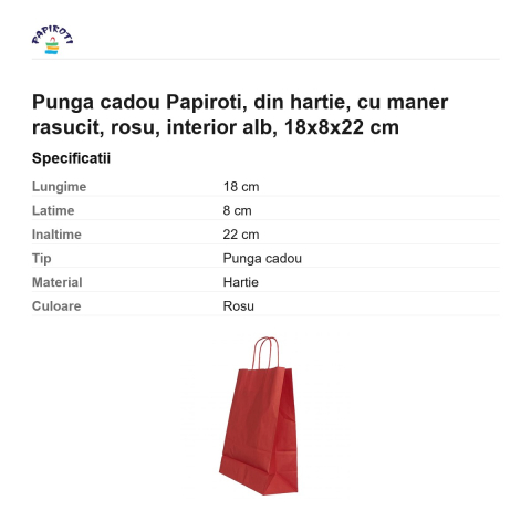 Punga cadou Papiroti, din hartie, cu maner rasucit, rosu, interior alb, 18x8x22 cm [2]